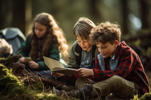 写真 「その言葉」が書かれた本を見ている子供たち。