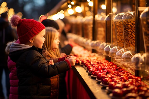 사진 크리스마스 시장에서 사탕을 보는 아이들 ai 생성