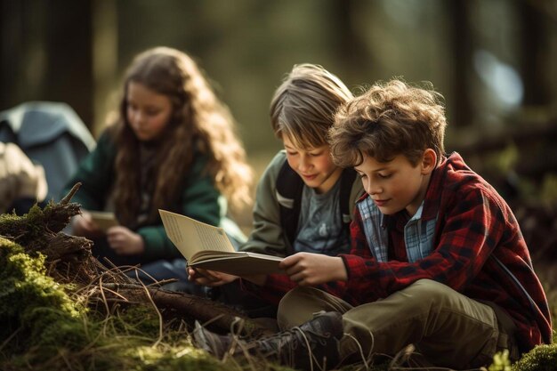 Photo children looking at a book that says 