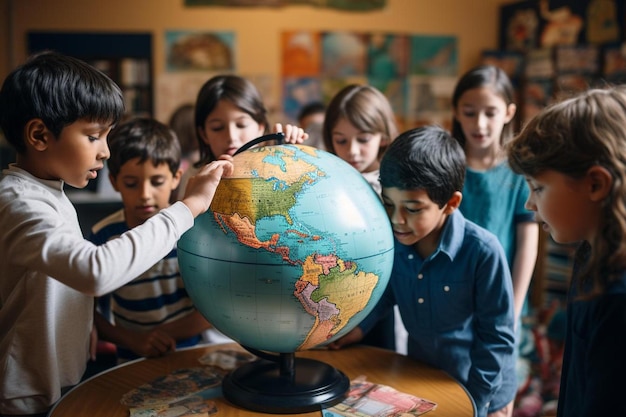 Photo children looking at a globe with a globe in the middle.