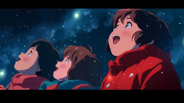 산타클로스를 기다리는 밤하늘을 바라보는 아이들 애니메이션 스타일