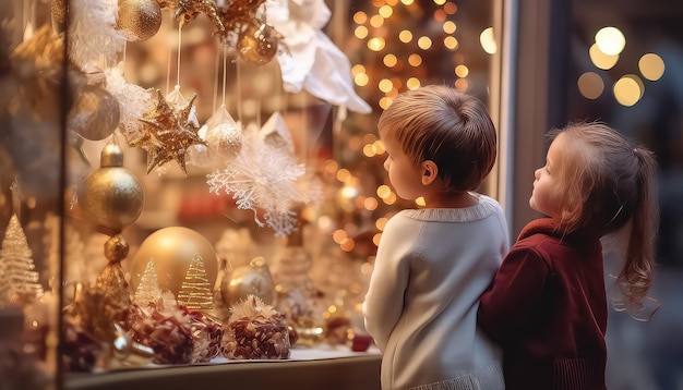 クリスマスイブに店のウィンドウを眺める子供たち