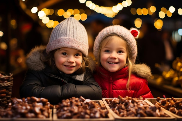 Children looking at sweets at the Christmas market. AI generative.