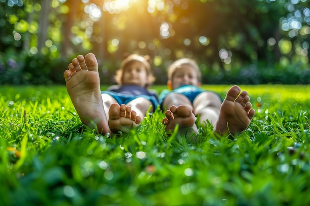 사진 잔디 에 맨발 로 누워 있는 어린이 들 이 여름 날 을 즐기고 있다