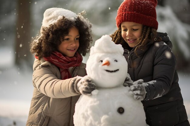 Foto i bambini fanno i pupazzi di neve nel cortile a natale.