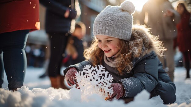 Children making snowman and decorations for Christmas on the street