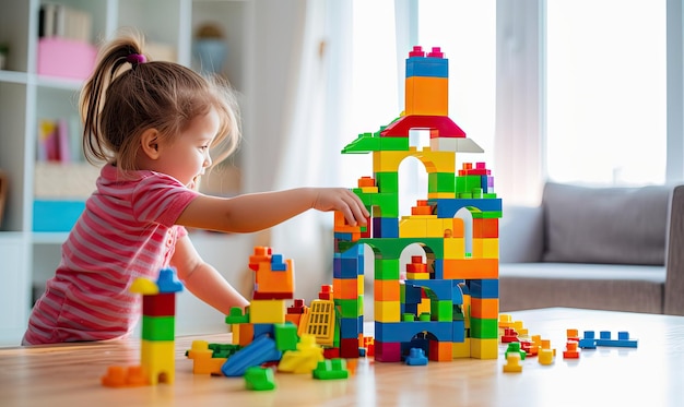 子どもたちはレゴブロックを注意深く積み上げて自分たちの城を作ります