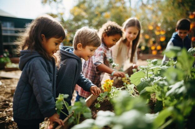 children near vegetable beds on a farm