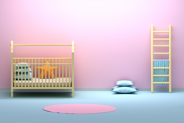Детская комната для новорожденных с колыбелью, лестницей и пустой стеной