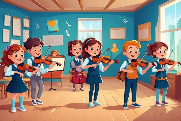 Children Orchestra Play Various Music Girl with Violin Classroom Teenage Education Funny Entertainment Party Teamwork Instrument Acoustic Performance Flat Cartoon Vector Illustration