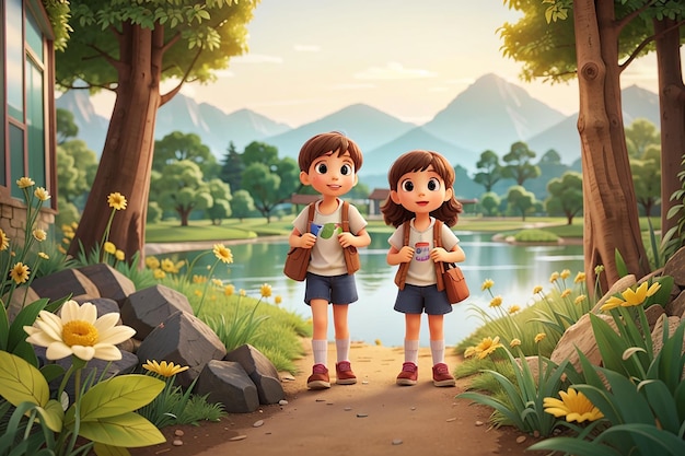 Children at outdoor nature illustration