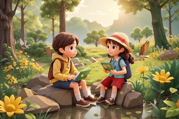 Children at outdoor nature illustration