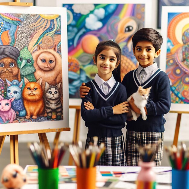 Children painting art in class room