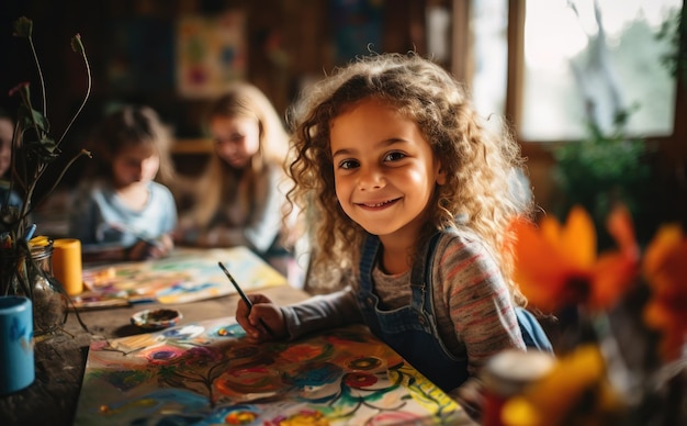 Children painting in art class