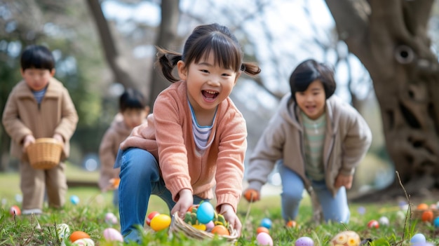 사진 어린이 들 은 공원 에서 부활절 달 을 그려 즐겁고 여가 로 가득 차 있다