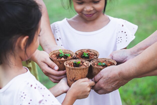 Children and parent hands holding young seedlings in recycle fiber pots together