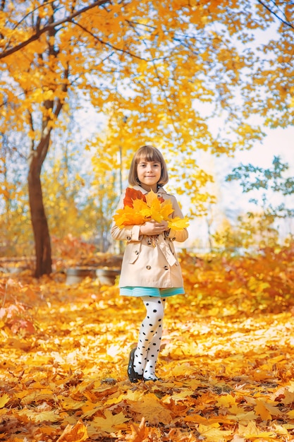 Children in the park with autumn leaves. Selective focus.