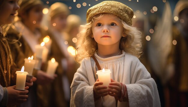 Foto bambini che partecipano a una parata del giorno di candlemas vestiti da angeli e con le candele in mano