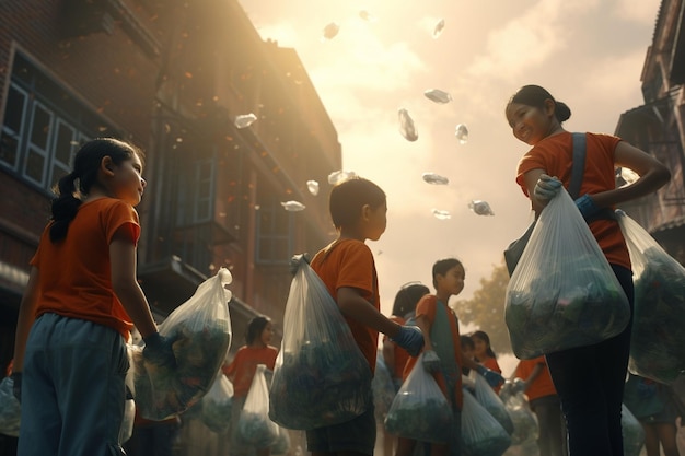 Children participating in a community cleanup Generative ai