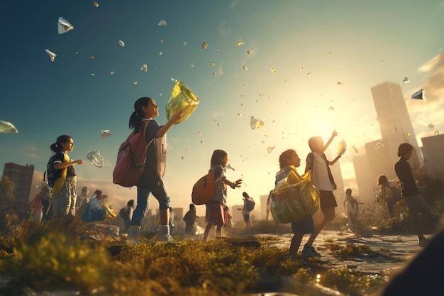 Children participating in a community cleanup Generative ai