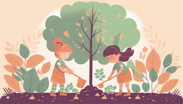 人工知能技術で作られた世界と環境を守るための木を植える子供たち