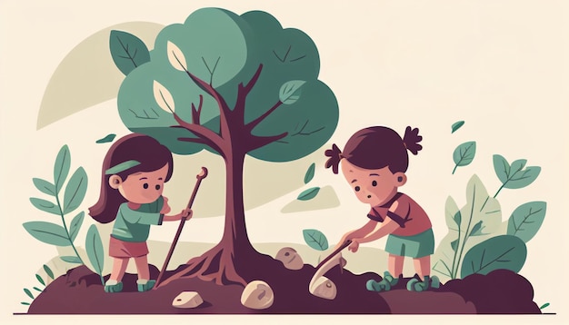 Children planting a tree for health the world and environment Created with Generative AI technology