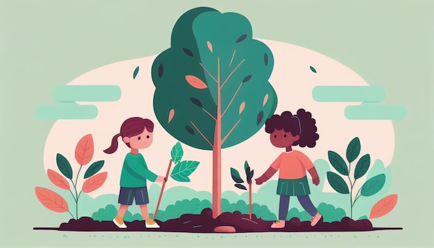 Children planting a tree for health the world and environment Created with Generative AI technology