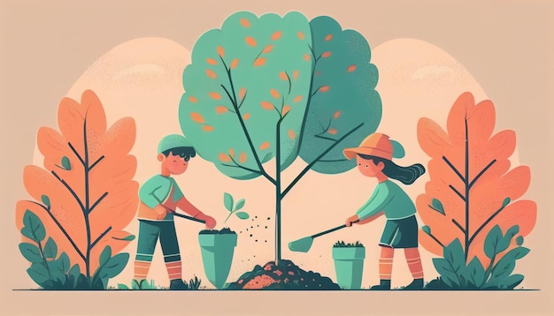 Children planting a tree for health the world and environment Created with Generative AI technology