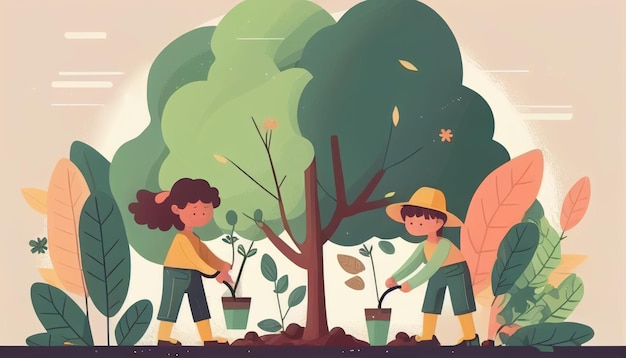 Children planting a tree for health the world and environment Created with Generative AI technology