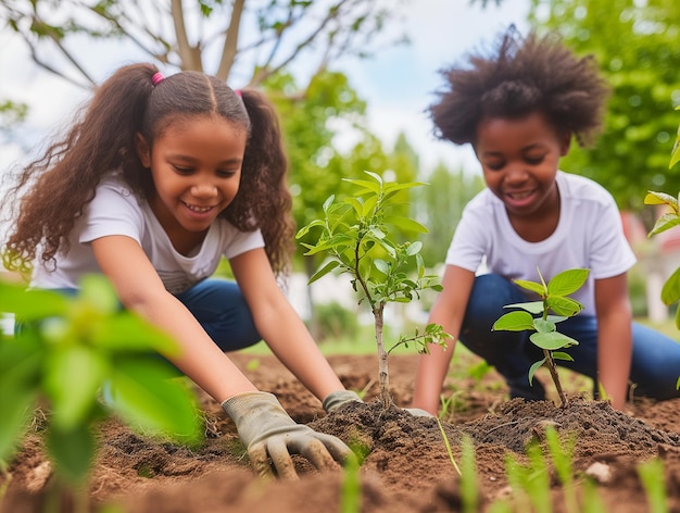 Photo children planting trees concept of educating the younger generation green and hopeful future