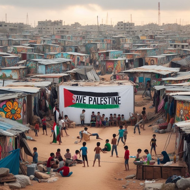 children play amidst colorful murals and save palestine banner in refugee camp photo