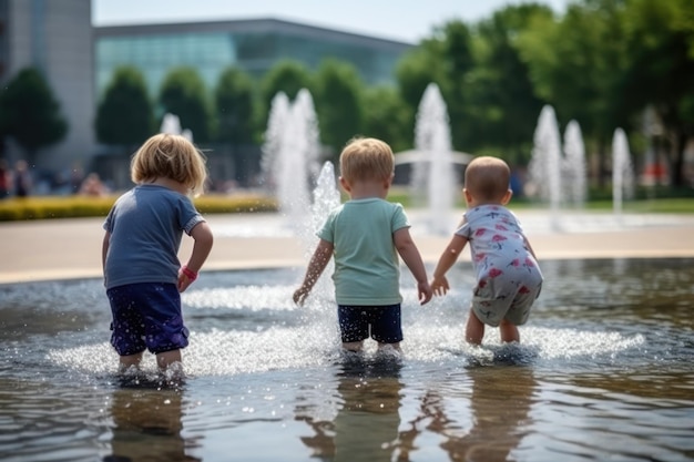 Дети играют и охлаждаются брызгами воды в фонтане в сильную жару