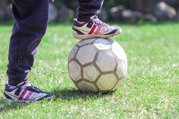 Children play football on the grass, keep their foot on the ball. The concept of a team game.