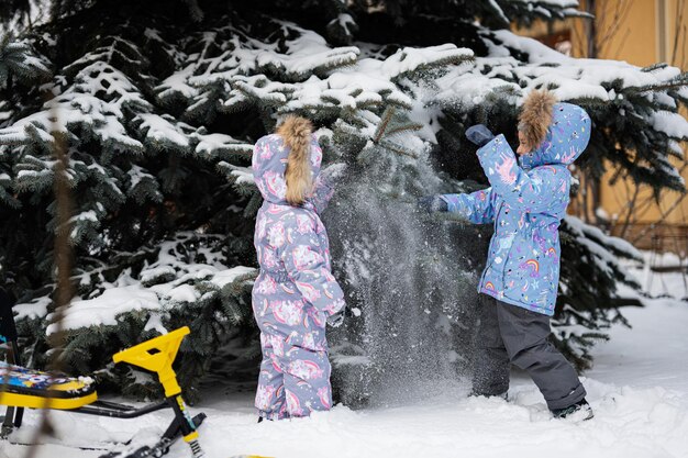 Children play outdoors in snow Two little sisters near Christmas tree in winter