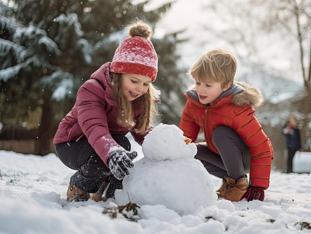 Photo children play in the snow with a snowman