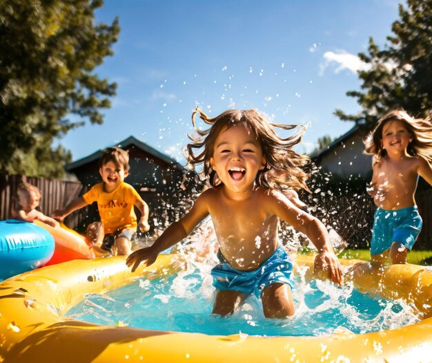 Foto i bambini giocano e si bagnano nella piscina del cortile