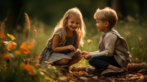 Children play together and laugh in nature