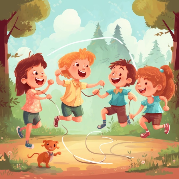 Children play together in nature generative ai