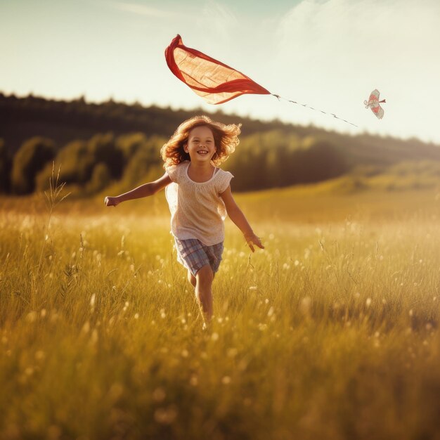 Children play together in nature generative ai