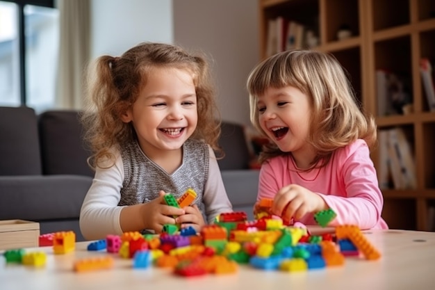 Фото Дети играют с цветными строительными кубиками. дети играют с мамой и папой в дошкольной игре.