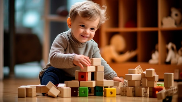 children play with wooden toys in the childrens room