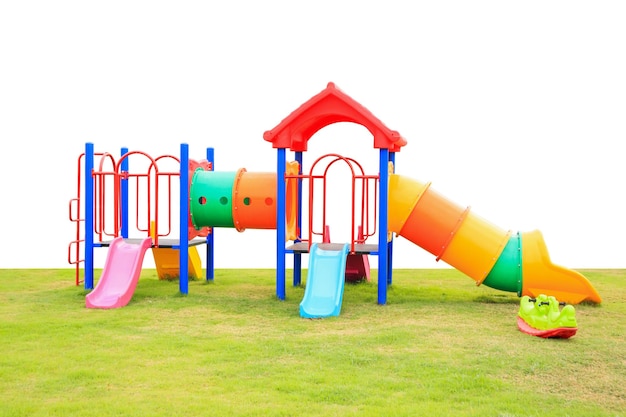 Children playground on green grass isolated on white background