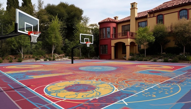 Children playing basketball on vibrant green court generated by AI