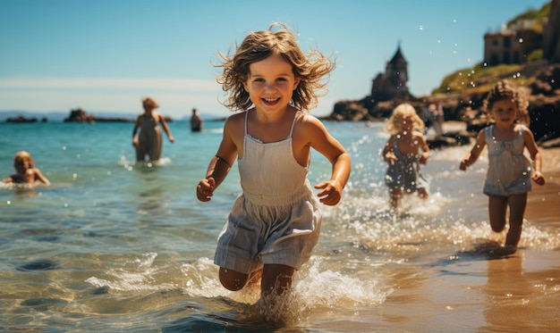 写真 浜辺で遊ぶ子供たち 海の波 夏 家族の友情