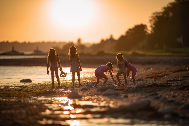 Children playing on the beach at sunset