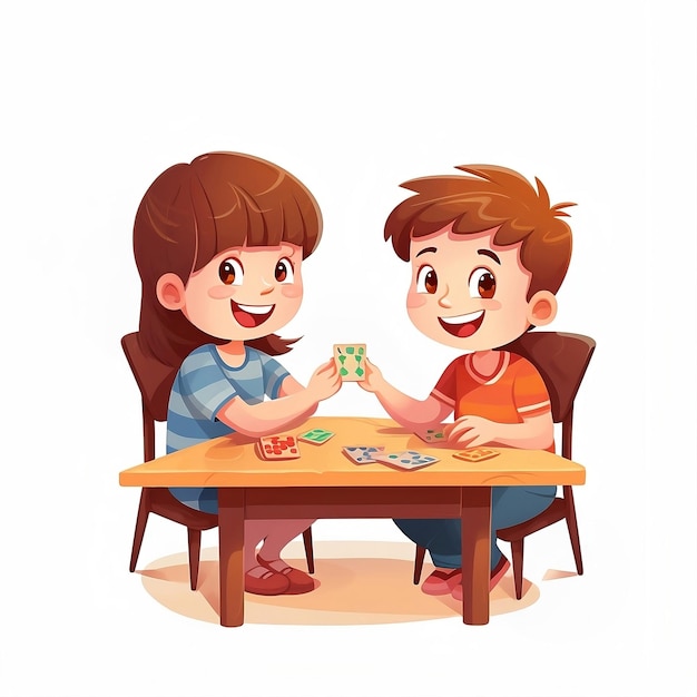 Photo children playing cards boy and girl characters sitting at table board game cartoon generative ai