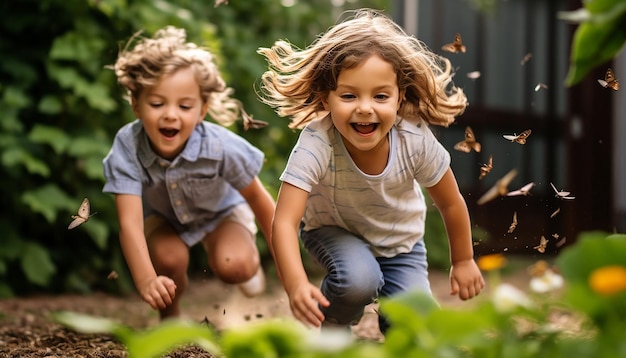 Foto bambini che giocano e inseguono farfalle in un giardino