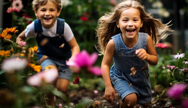 children playing and chasing butterflies in a garden