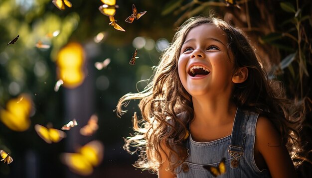 children playing and chasing butterflies in a garden