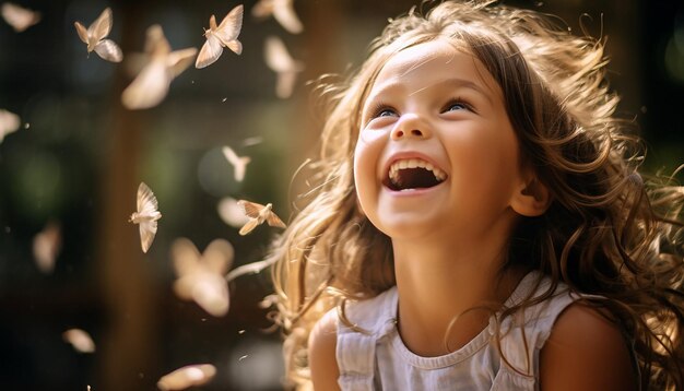 children playing and chasing butterflies in a garden